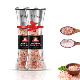 Malka Pink Salt Grinder Manual Bundle - Coarse Pre-filled Himalayan Pink Salt Grinders - Adjustable Glass Salt Grinders - Himalayan Salt Grinder Refillable - 200g