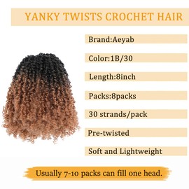 Aeyab Yanky Twist Crochet Hair for Black Women 8 Packs Spring Mini Twist Crochet Hair 8 Inch Pre-Looped Synthetic Braiding Hair Extensions (1B/30)