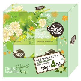 Shower Mate Olive & Green Tea Face Wash Soap, 100g, 4 pieces / 샤워메이트 올리브 & 그린티 세안 비누, 100g, 4개입