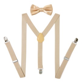 PONCEAU Set of 2 Braces and Bow Ties for Men and Women, 2.5 cm Wide Braces Men in Y-Shape, Elastic and Adjustable with Matching Bow Tie, 12 x 7 cm, champagne-coloured, One Size