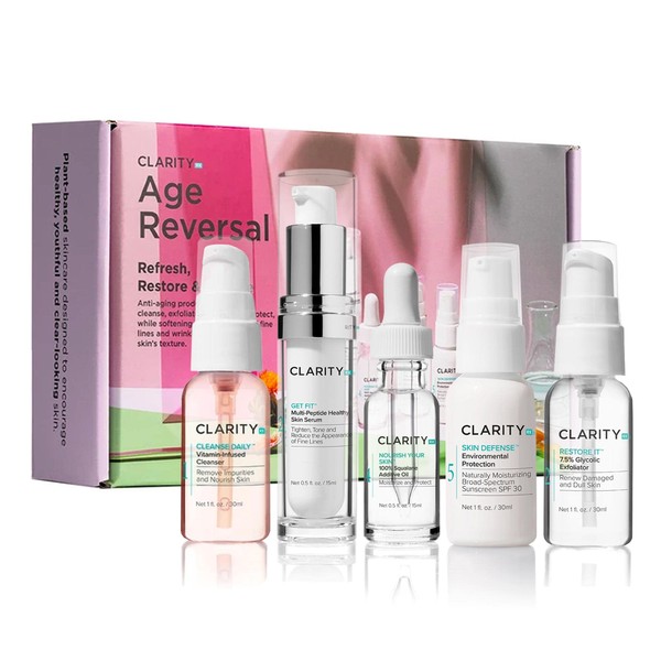 ClarityRx Age Reversal Anti-Aging Skin Care Set, Kit Includes Natural Plant-Based Face Wash, Glycolic Acid Facial Scrub, Peptide Serum, Squalane Moisturizing Oil, SPF 30 Sunscreen
