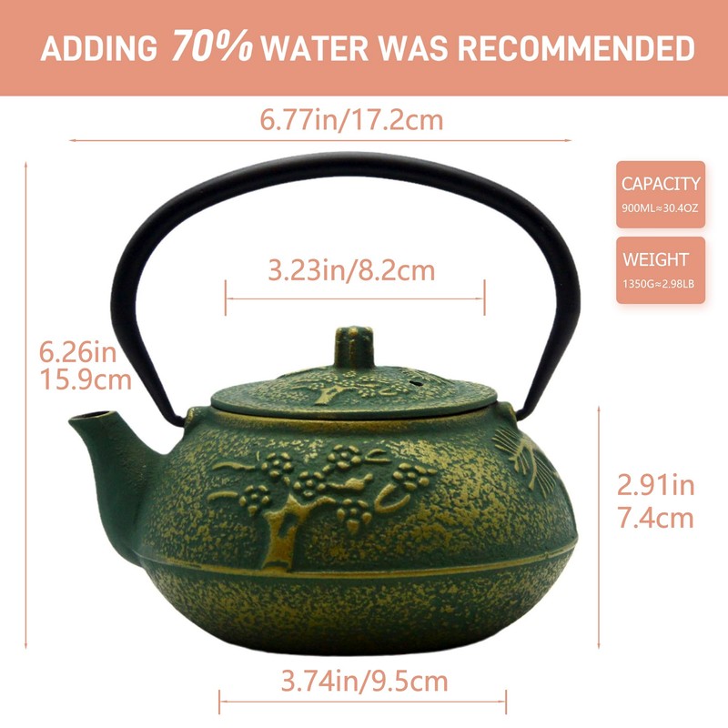 900ml Small Cast Iron Tea Kettle, SECHUDO Teapot Coated with