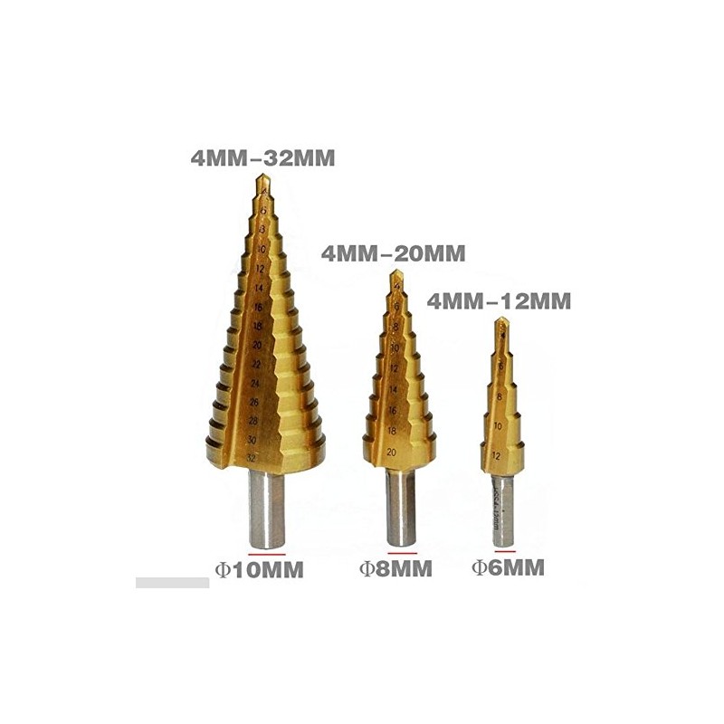 Malayas 3pcs 4-12/20/32mm Large HSS Steel Step Cone Drill Titanium