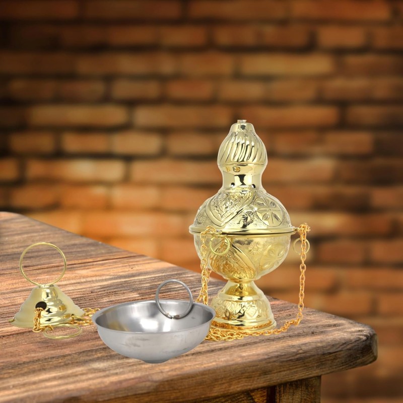 Needzo Carved Hanging Brass Censer, Religious Incense Burner, 33 Inches