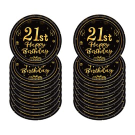 Paper Plates 21st Birthday, Pack of 16 Disposable Birthday Plates, 18 cm Paper Plates Disposable for Boys Girls, Black and Gold Paper Plates for Party Birthday, Happy 21st Birthday Disposable Plates