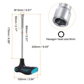 sourcing map T-Handle Metric Nut Driver 9mm Dia 175mm Shank 6 Point Hex Socket Screwdriver with Non-Slip Handle for Tightening and Loosening Fasteners