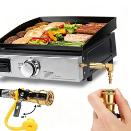MCAMPAS 8FT Propane Regulator Hose with Safety Shutoff Valve, Low Pressure QCC1 Type1 Adapter for Blackstone 17" 22" Tabletop Griddle, Easy Install for RV Camper Outdoor Cooking