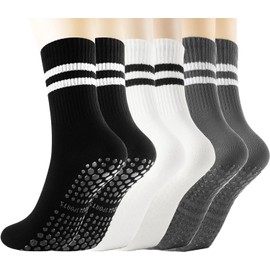 Gendewiner 3 Pairs Black White Gray Non Slip Yoga Cotton Grip Pilates Socks for Women&Men Anti Slipper Grippy Socks for Ballet, Hospital, Dance, Trampoline, Barre