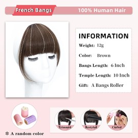 Bangs Hair Clip in Bangs 100% Real Human Hair Extensions French Bangs Clip on Hair Bangs for Women Fringe with Temples Hairpieces Curved Bangs for Daily Wear(French Bangs,Brown)