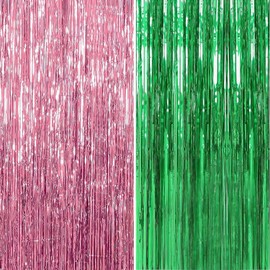 2Pcs Glitter Tinsel Curtains, 3.28 x 6.56 Ft Green & Pink Foil Curtain Background Streamer for Party Decorations Cosplay Birthday Decor Supplies