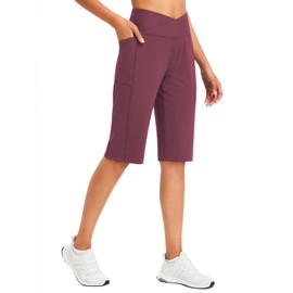 Baleaf - Bermudas largas para mujer, de 14 pulgadas, longitud a la rodilla, pantalones cortos deportivos de cintura alta, con bolsillos, elásticos para verano, holgados, Rojo vino, X-Small