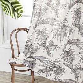 MYSKY HOME Linen Curtains for Living Room Semi Sheer 84 inches Length Light Filtering Privacy Protect Drapes Set Natural Texture Soft Touch Leaves Plant Pattern Treatment, 52" Wide, Brown, 2 Panels