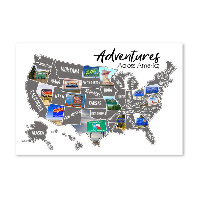 US scratch off map; State Welcome signs, travel poster; Scratch