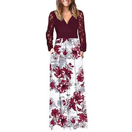 AUSELILY Womens Long Sleeve Maxi Dress 2026 Fall Lace Long Sleeve Dress V Neck Wrap Waist Long Dresses with Pockets Red Flower White L