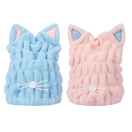 HIXNUG 2pcs Hair Drying Towels Cute Cat Ears Super Absorbent Coral Fleece Hair Towel for Women or Girls Kids