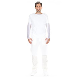 FRANZ MENSCH Hygostar Examination Gowns with Thumb Hole CPE White XL L 115 cm W 100 cm 50 µm Disposable Gown Pack of 100
