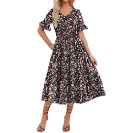 Zeagoo Women's Casual Summer Midi Dress with Pockets Tiered Short Sleeve V Neck Long Flowy Beach Dresses