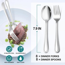 16-Piece Spoons and Forks Set, E-far Stainless Steel Slimline 8 Dinner Forks and 8 Dinner Spoons, Modern Metal Silverware Flatware Cutlery for Kitchen and Restaurant, Dishwasher Safe-7.9 Inch