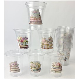 Book-Themed Party Cups, 12 oz Clear Plastic, 24 Count, Floral Book Stack Design