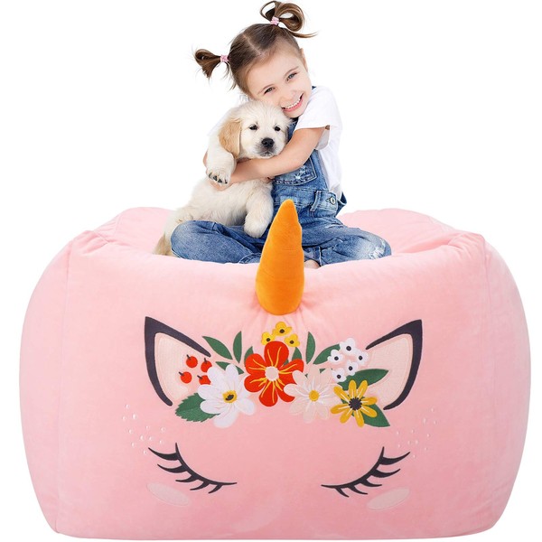 Aubliss Unicorn Stuffed Animal Storage Bean Bag Chair for Kids, Velvet Extra Soft Beanbag Chairs Cover, X-Large Stuffable Zipper Bean Bag for Organizing Plush Toys Girls Bedroom Decor, Pink Floral