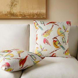 HPD Half Price Drapes Textured Cotton Printed Cushion Pillow Covers (Set of 2) - Decorative Throw Pillow Covers 18x18 Inch for Bedroom and Living Room - Songbird Multicolor