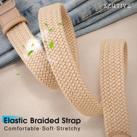 XZQTIVE Women Elastic Braided Belt with Silver Buckle, Woven Stretch Fabric, Beige, 100cm
