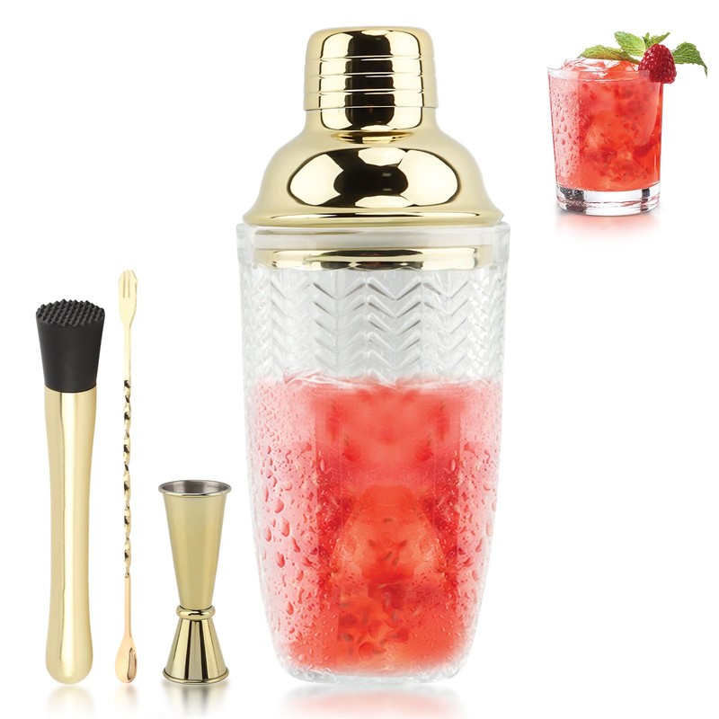 Gold Cocktail Shaker Set with Measuring Jigger, Mixing Spoon &