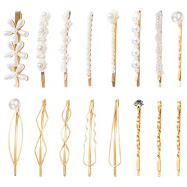 MOTIBACK 16PC Pearl and Blonde Hair Clips Set - Elegant Barrettes and Hair Grips for Women, Ladies and Girls with Decorative Gold-Tone Hair Accessories