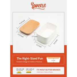 Sweese Large Butter Dish - Airtight Butter Keeper Holds Up to 2 Sticks of Butter - Porcelain Container with Beech Wooden Lid, White