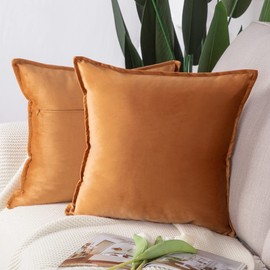Madizz Pack of 2 Super Soft Velvet Decorative Cushion Covers with Fringe Luxury Style Cushion Case Pillow Shell for Sofa Bedroom Square Orange 18x18 inch, 45x45 cm