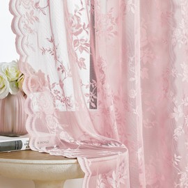 Baby Pink Lace Curtains 72 Inch Length 2 Panels Set - Romantic Flower Sheer for Living Room Bedroom Decor - Rod Pocket Light Filtering Window Panels for Kids Girls Nursery Room, 52x72