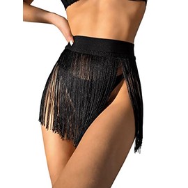 GORGLITTER Women's Tassel Skirt Fringe Skirt Cinch Waist Belt Punk Gothic Cover-Up Party Skirt, black