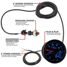 MaxTow Double Vision 1,600 PSI Nitrous Pressure NOS Gauge Kit - Includes Electronic Sensor - Black Gauge Face - Blue LED Illuminated Dial - Analog & Digital Readouts - 2-1/16" 52mm