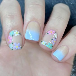 24PCS Colourful Flower Press on Nails Short Square Spring Fake Nails Gradient Designs Acrylic Nails French Tip Floral False Nails Glue on Nails Cute Full Cover Glossy Artificial Nails for Women Girls