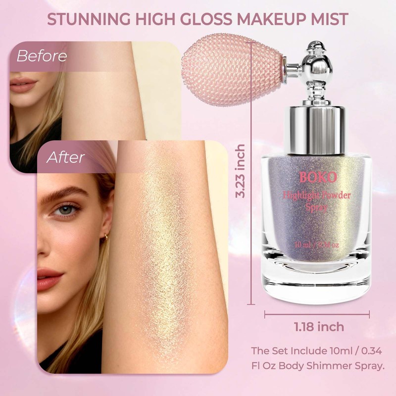 Boko Highlighter Powder Spray, Body Shimmer Spray High Gloss Powder