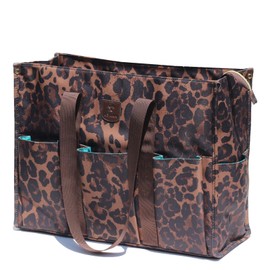ESVAN Utility Tote Bag with Zip Top Waterproof Teacher Tote Bag for Teacher Work Women Beach (H black Brown leopard print)