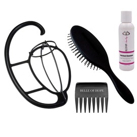 Belle of Hope Wig Hanger 4 PC Kit: New Easy Wig Hanger, Paddle Brush, Wide Tooth Comb and 4oz Belle of Hope Shampoo (Human Hair Care)