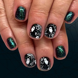 Halloween Spider Web Press on Nails Short Square Green Glitter Fake Nails Cute White Ghost Skull Acrylic Glue on Nail Glossy Full Cover Day of the Dead Stick on Nail for Women DIY Manicure