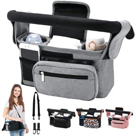 HINATAA Buggy Pram Organiser, Baby Pram Bag with 2 Drink Holders, Buggy Organiser Children's Trolley with Shoulder Strap & 2 x Secure Hooks, Pushchair Accessories with Zip Pocket (Grey)