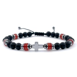 Handcrafted Hematite Cross Bracelet with Onyx and Red Agat Stones - Unique Men's Jewelry with Meticulous Detailing (Red Agate)