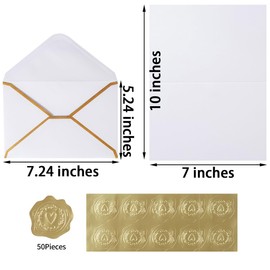 50 Pack A7 Envelopes with Folded Cards and Gold Stickers, 5x7 Gold Envelopes for Office, Wedding, Invitations, Graduation, Baby Shower (White, 5x7)