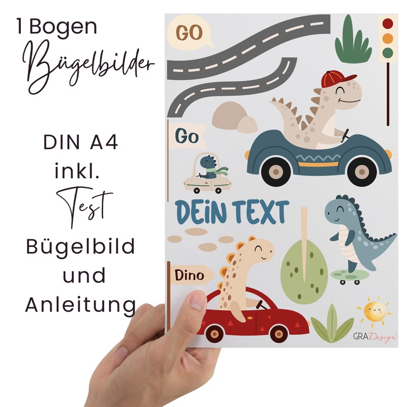 GRAZDesign Iron-On Transfer Dino Set Cars with Name, DIN A4,