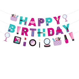 EVECILOO Makeup Birthday Banner, Spa Themed Party Makeup Happy Birthday Banner, Spa Party Decorations, Lipstick Banner, Girls Makeup Party DIY Decorations