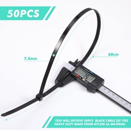 50 Pcs Zip Ties Heavy Duty Strong Large Cable Wire Ties Zip Ties Industrial Sturdy Wire Ties, Awnings Tying Branches Bundling of Crops Fixed Water Pipes(Black,24 inch x 7.9 mm)