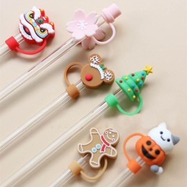 Pink Cute Silicone Straw Tips Cover Silicone Reusable Drinking Straw Tips Lids Colorful Straw Plugs for 8 mm Straws Kitchen Utensils and Gadgets (Not include Straw)(cherry blossoms)