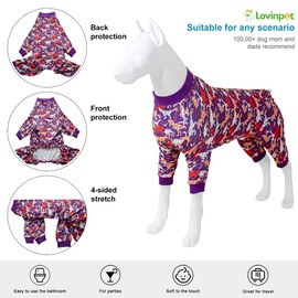 LovinPet Clothes for Pitbulls - Large Dog Pjs, Lightweight Stretchy Fabric, Purple and Orange Camo Dinosaur Print, Pet Anxiety Relief Shirt, Easy Wearing Dog Pjs, Dog Onesie for Party,Purple M