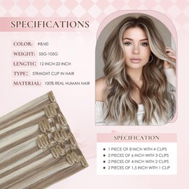 Hyssiet Invisible Clip in Real Human Hair Extensions,18 Inch 85 Gram Ash Brown Highlights Platinum Blonde Remy 7 Pieces With 16 Clips Thick Straight Clip Hair,No Slip No Shedding