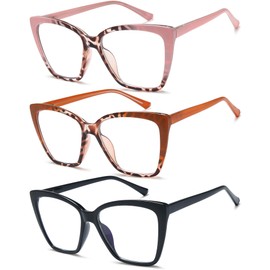 EYEURL 3 Pack Oversized Cat Eye Reading Glasses for Women Blue Light Computer Readers for Women Men Stylish Spring Hinge Large Eyewear Computer Eyeglasses 2.0