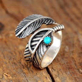 Wedio Bohemian Feather Turquoise Ring, Adjustable 925 Silver Plated Punk Style Women's Men's Adjustable Thumb Ring