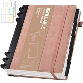 Yoment Refillable Notebooks for Work 5 Subject with Removable Dividers Tabs 240 Pages Hardcover Leather Journals for Writing Large Discbound Planner Colleged Ruled Paper for Women Men 8.58 x 11,Pink
